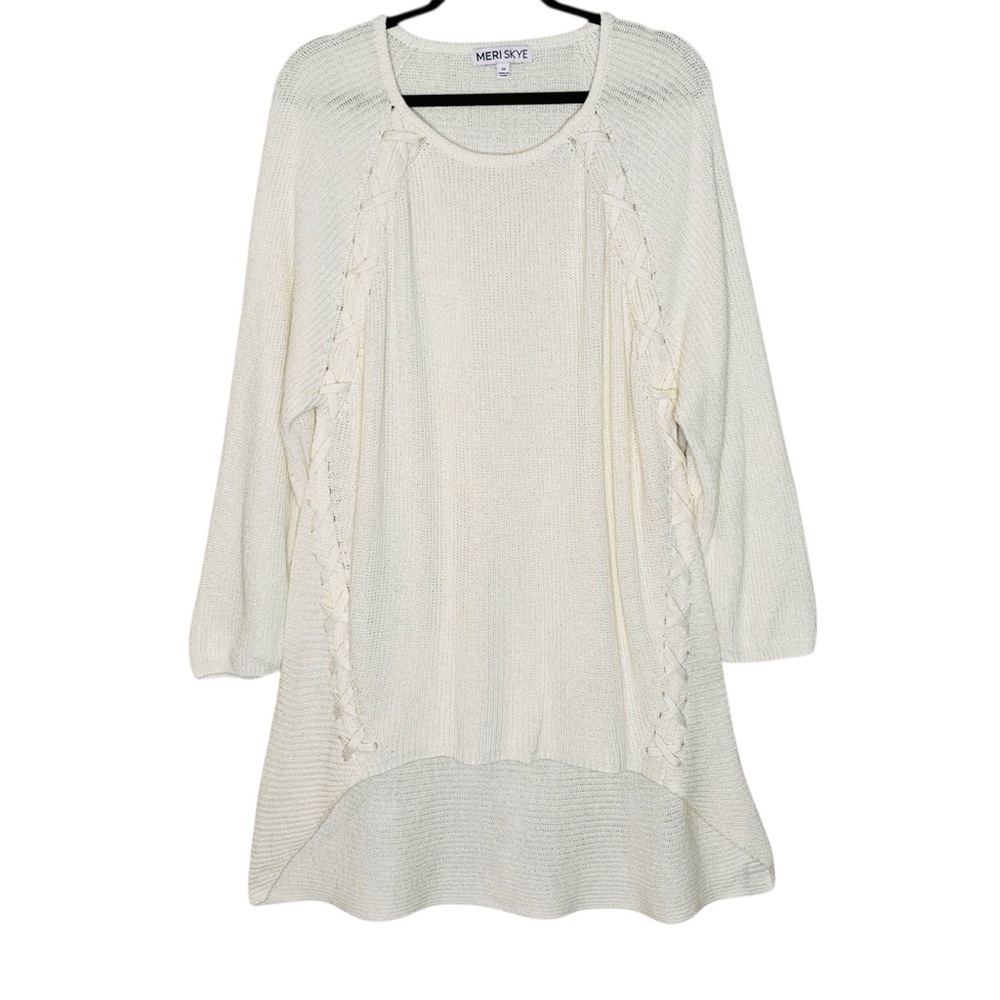 Meri Skye Ribbed Cross-Lace Hi Low Tunic Sweater 2X Ivory Lightweight Wool Blend